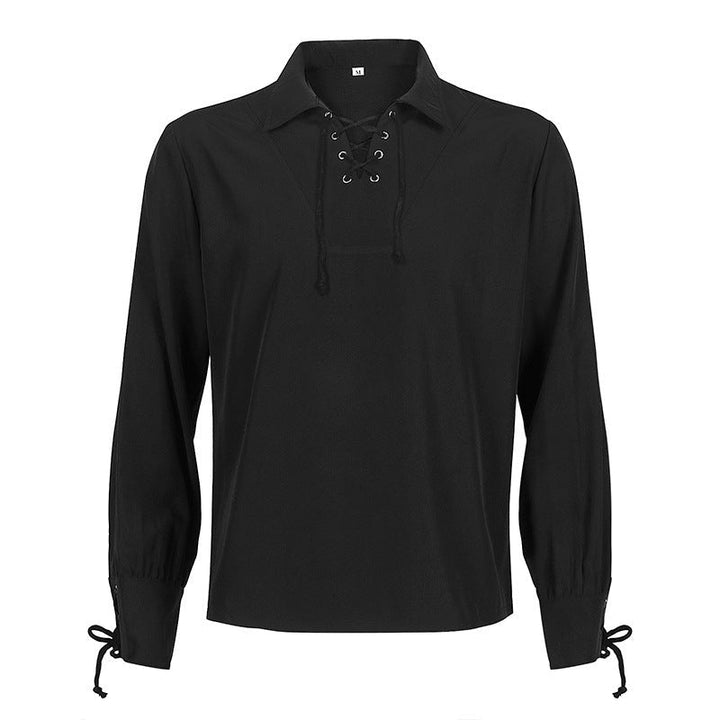 Black lace-up medieval shirt with long sleeves, shown flat on background | Grace Aura