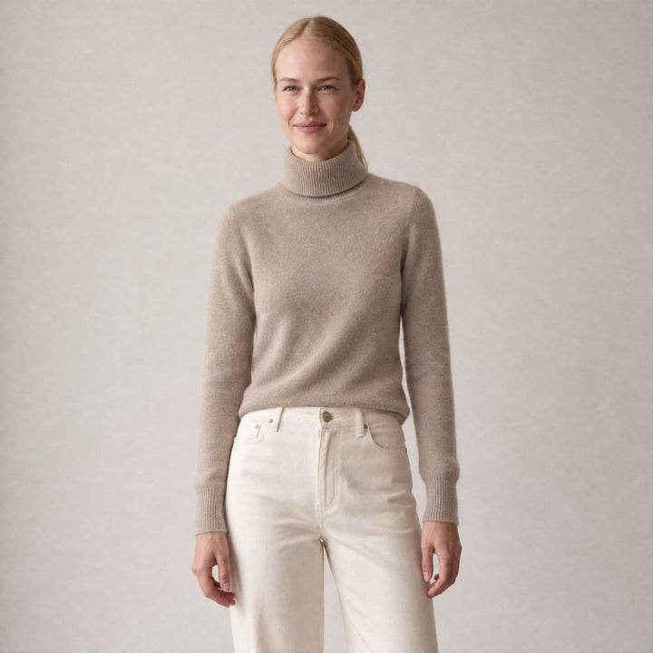 Beige turtleneck jumper worn by woman with cream wide-leg trousers | Grace Aura