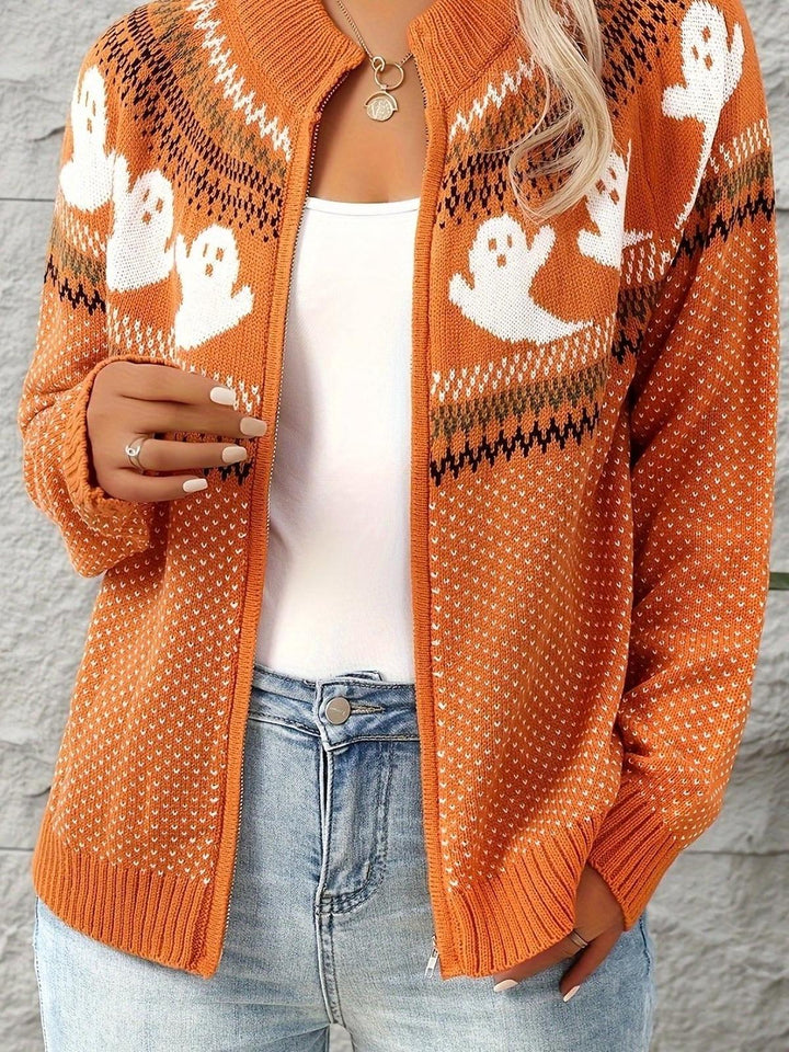 Orange ghost cardigan, close view of the yoke
