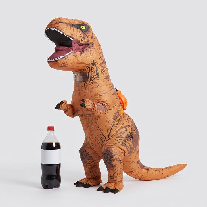 Brown inflatable T-Rex costume standing next to a bottle for scale