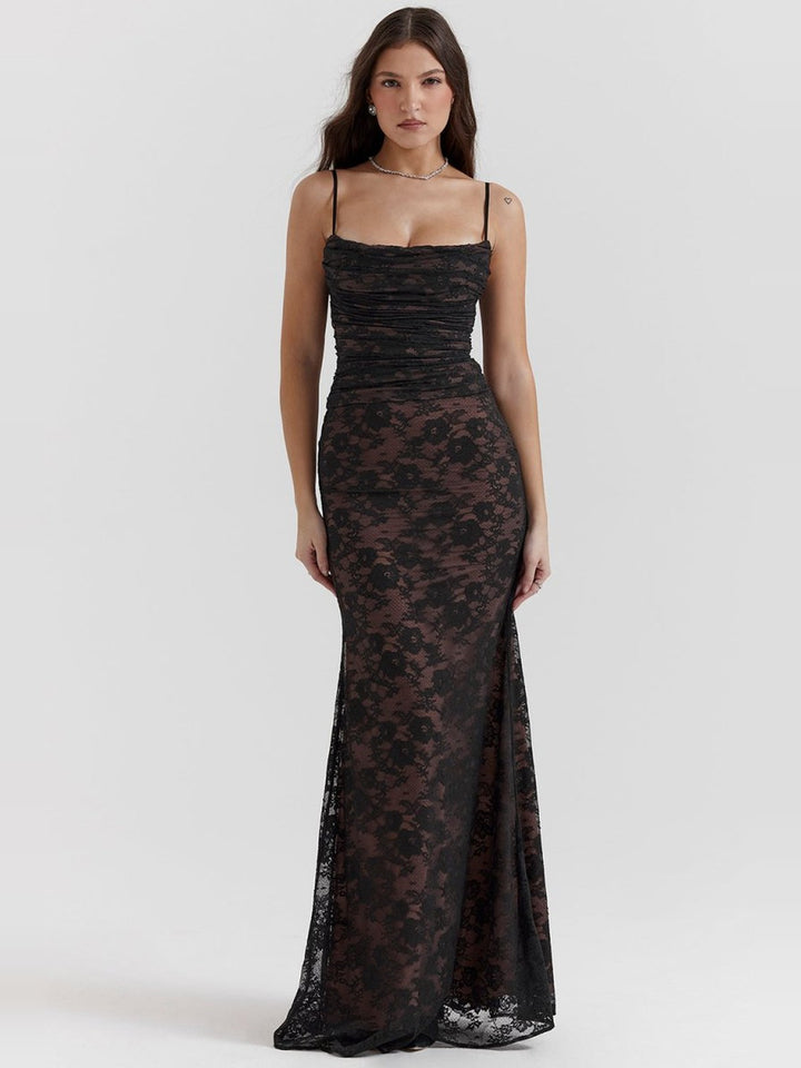 Black lace maxi dress with thin straps, front view