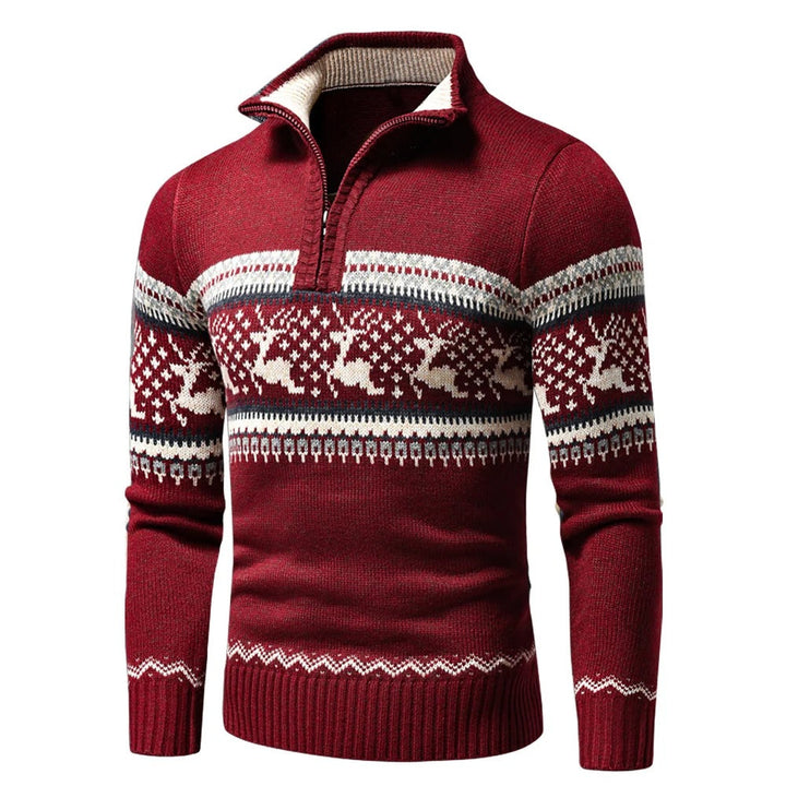 Red quarter-zip sweater with reindeer Fair Isle pattern, worn by a person | Grace Aura