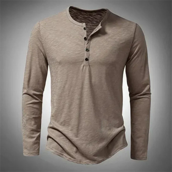 Beige Henley shirt with button placket, long sleeves, worn by model | Grace Aura