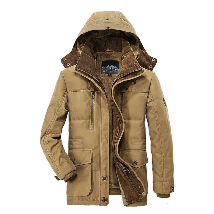 Khaki hooded parka jacket with fleece lining, unzipped, on invisible mannequin | Grace Aura