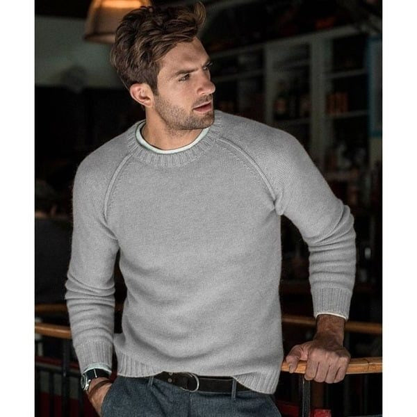 Men's grey knitted crew neck jumper with raglan sleeves