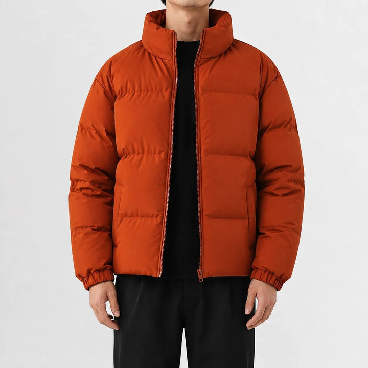 Burnt orange puffer jacket with funnel neck