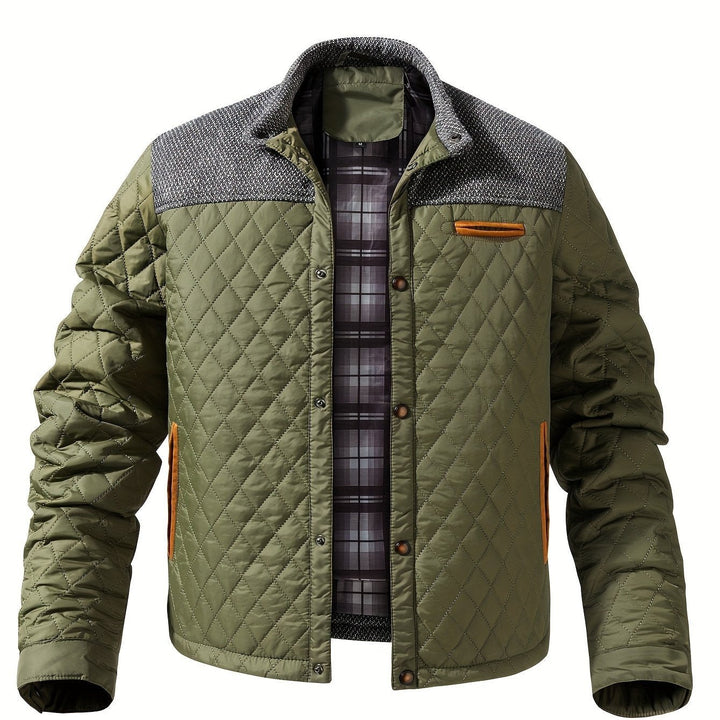 Green quilted jacket for men with a grey knit yoke and stand collar