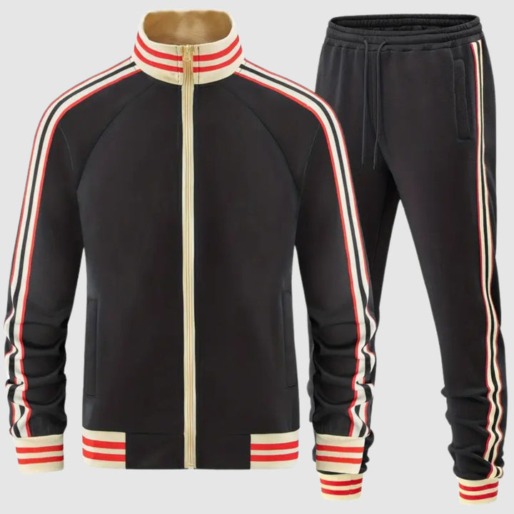 Black retro track jacket and trousers with cream, red and black contrast stripes