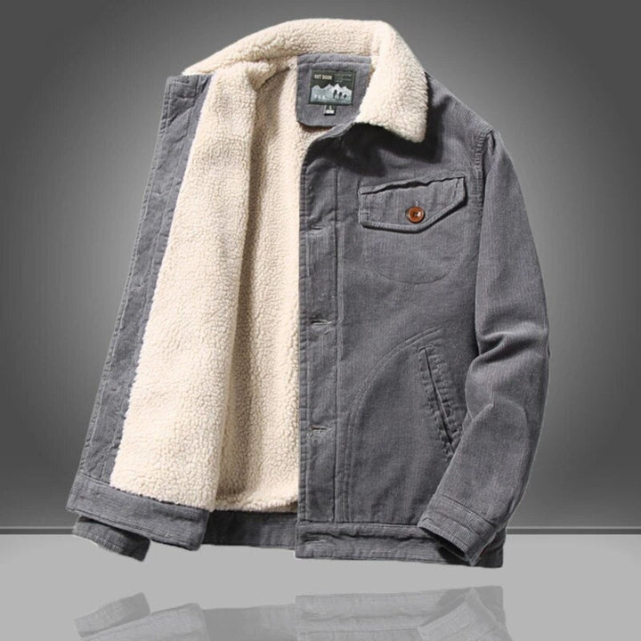 Gray corduroy trucker jacket with cream sherpa lining, displayed flat unbuttoned | Grace Aura