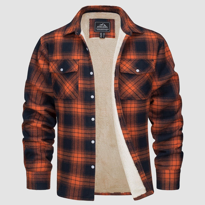 Orange black plaid flannel jacket with sherpa lining, unworn flat display | Grace Aura