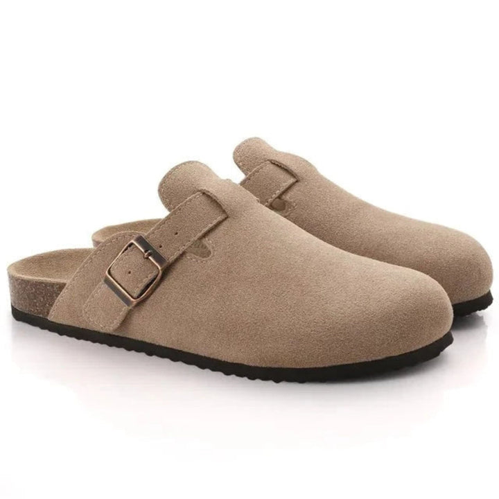 Beige suede clogs with buckle strap, cork sole, pair shown together | Grace Aura