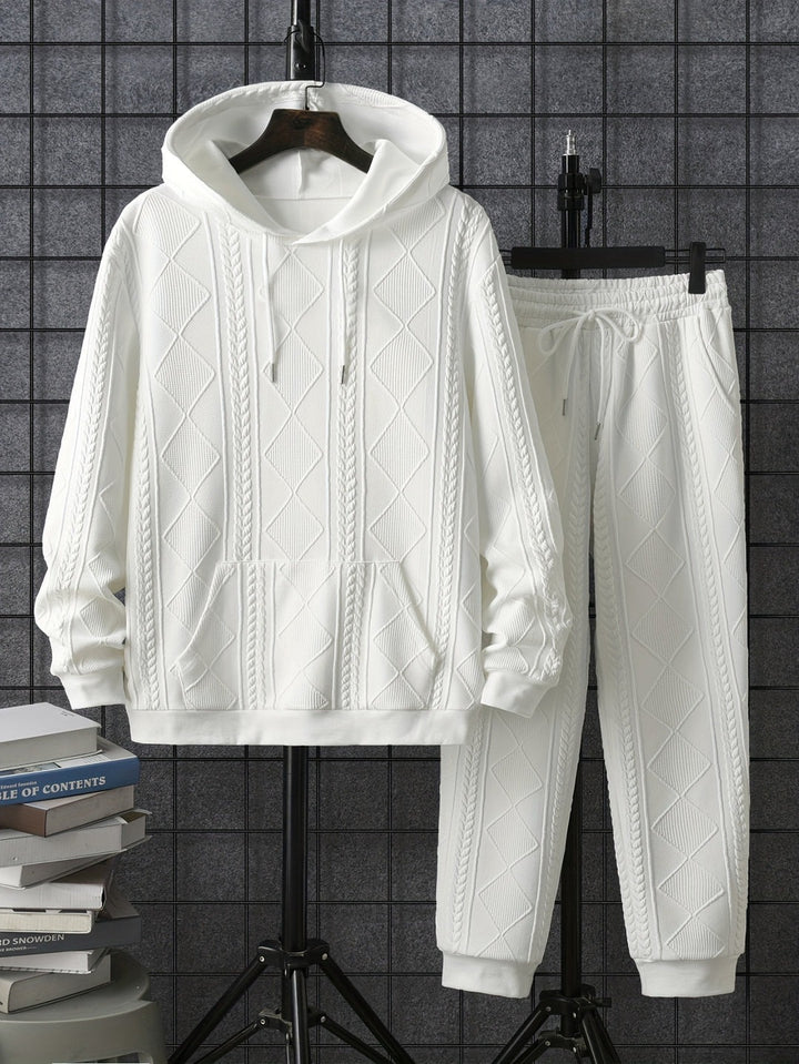 White textured hoodie and joggers set on hangers, front view