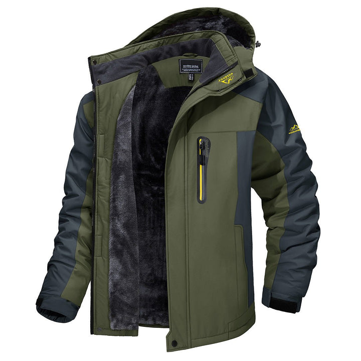 Green and gray hooded jacket with black fleece lining, shown flat | Grace Aura