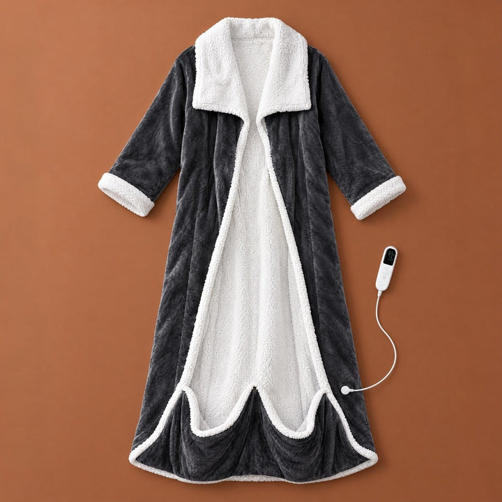 Gray heated robe with white sherpa trim, laid flat with controller | Grace Aura