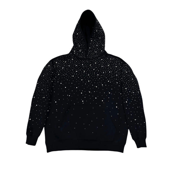 Black oversized hoodie with rhinestones, front view