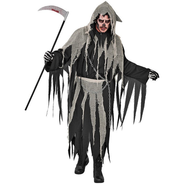 Reaper Costume Men | Robe with Chain | Gauze Collar | Hood | Belt