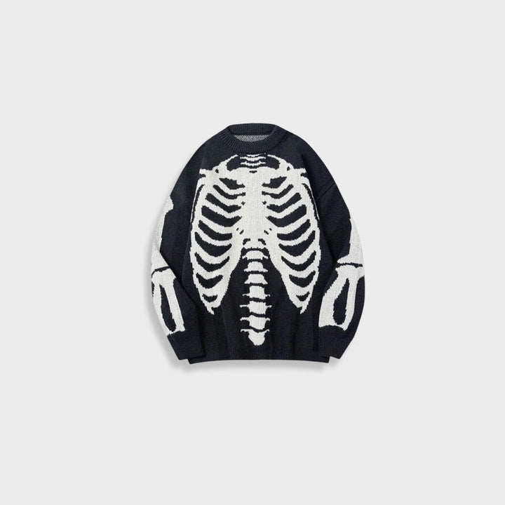 Black knit sweater with white skeleton ribcage design, shown flat on display | Grace Aura