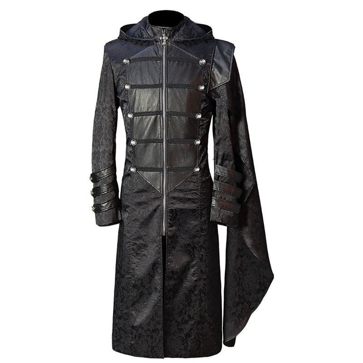 Black gothic hooded coat with jacquard pattern and shoulder cape, front view flat | Grace Aura
