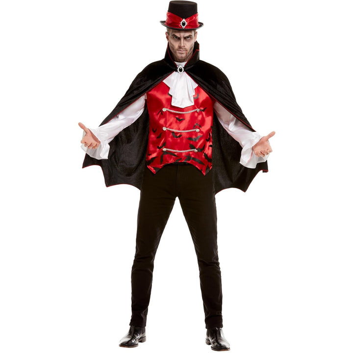Vampire Costume Red | Bat Print Waistcoat | Jabot Shirt | Cape