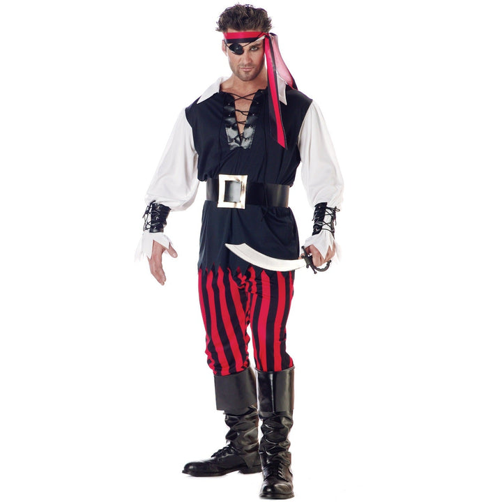 Man wearing black and red striped pirate costume with bandana and eye patch | Grace Aura