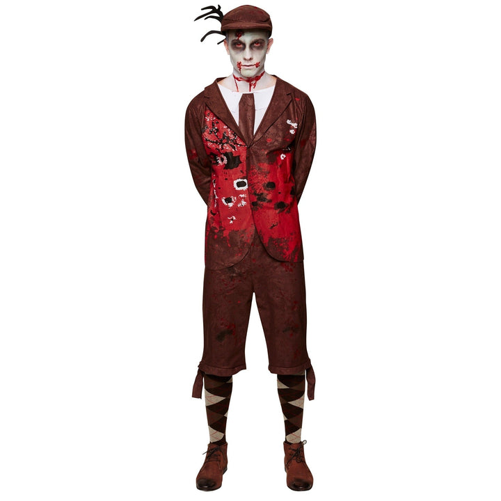 Man wearing brown zombie costume with blood stains, cap, and striped socks | Grace Aura
