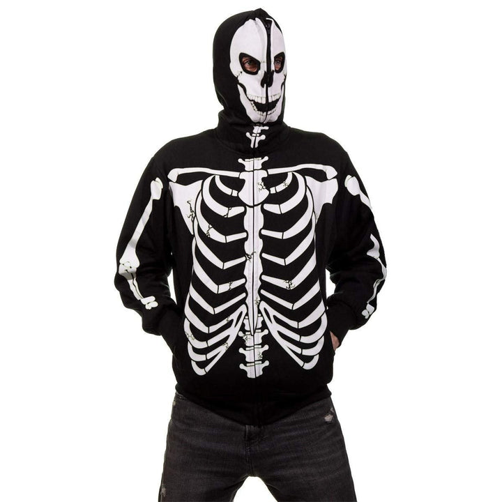Black full zip hoodie with white skeleton print, worn by a person | Grace Aura