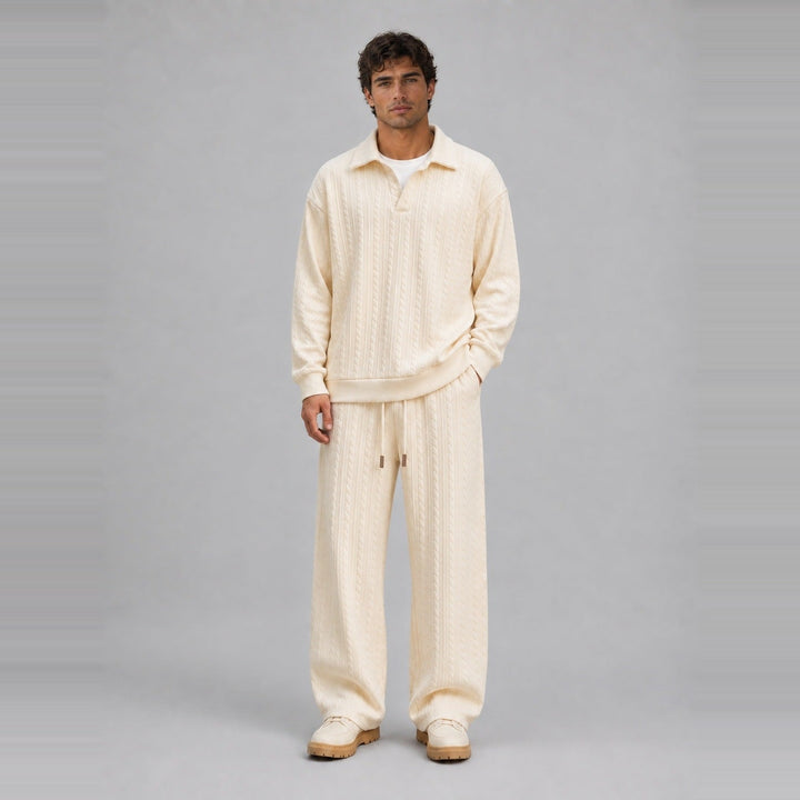 Man wearing cream cable-textured collared top with matching wide-leg trousers | Grace Aura