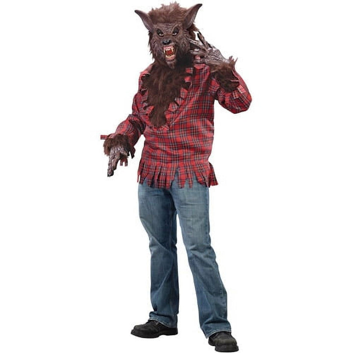 Man wearing werewolf mask, red plaid shirt, and furry claw gloves costume | Grace Aura