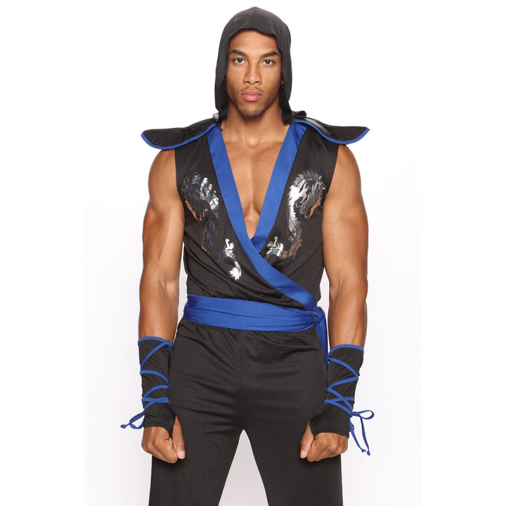 Man wearing black and blue ninja costume with hood and gauntlets | Grace Aura