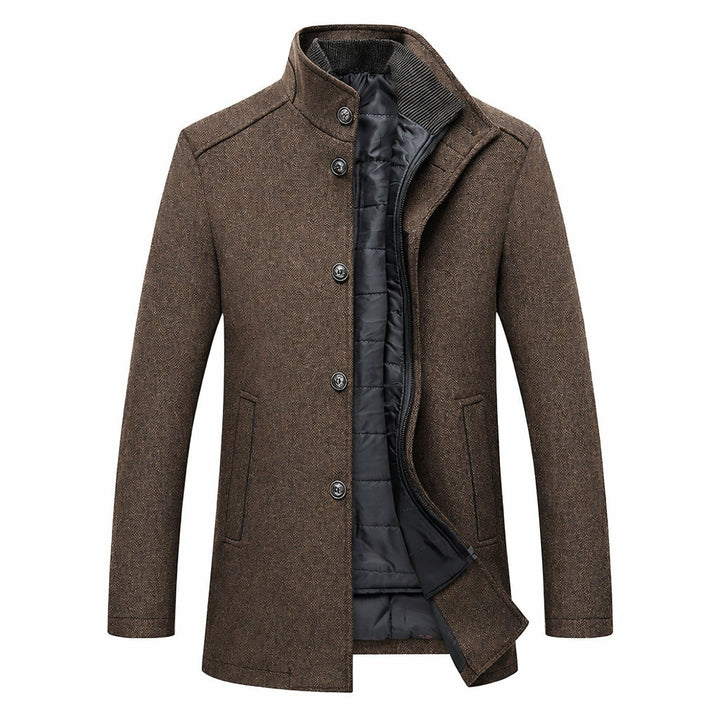 Brown stand collar coat with zippered inner vest, shown on mannequin | Grace Aura