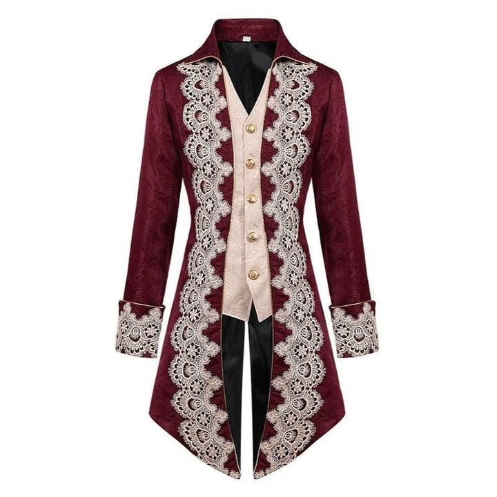 Burgundy Victorian frock coat with lace trim, tailless front, worn by person | Grace Aura