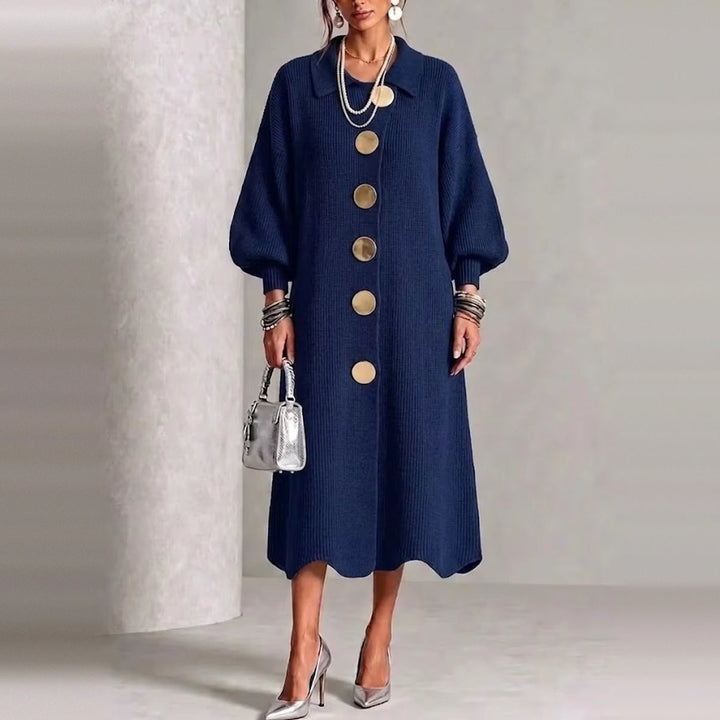 Navy blue knit midi dress with gold buttons, worn by woman standing | Grace Aura