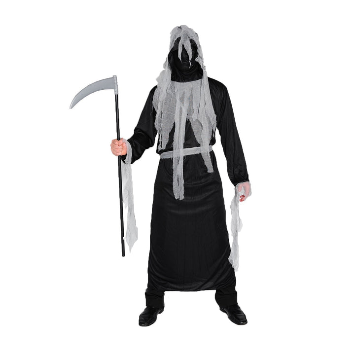 Person wearing black robe costume with gray hooded rag mask, holding scythe prop | Grace Aura