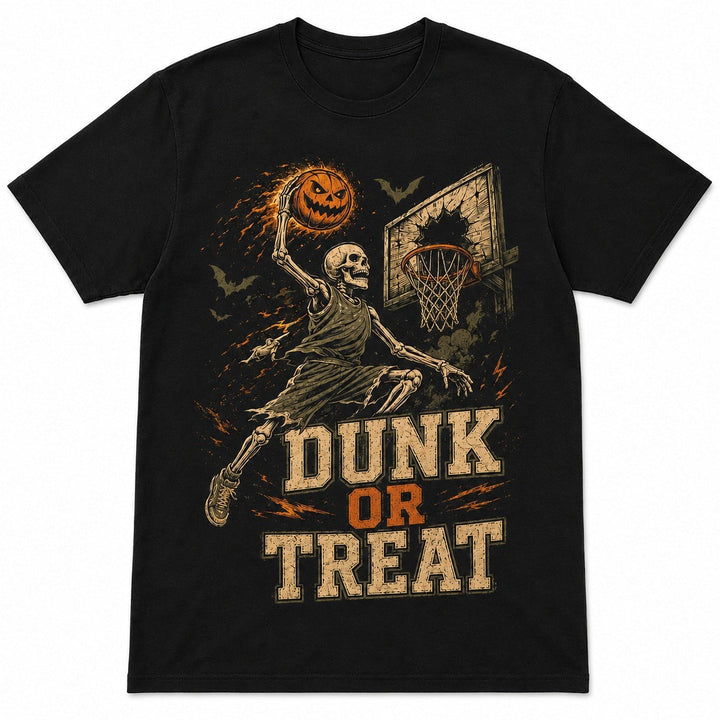 Black flat-lay t-shirt with skeleton basketball dunk Halloween graphic print | Grace Aura