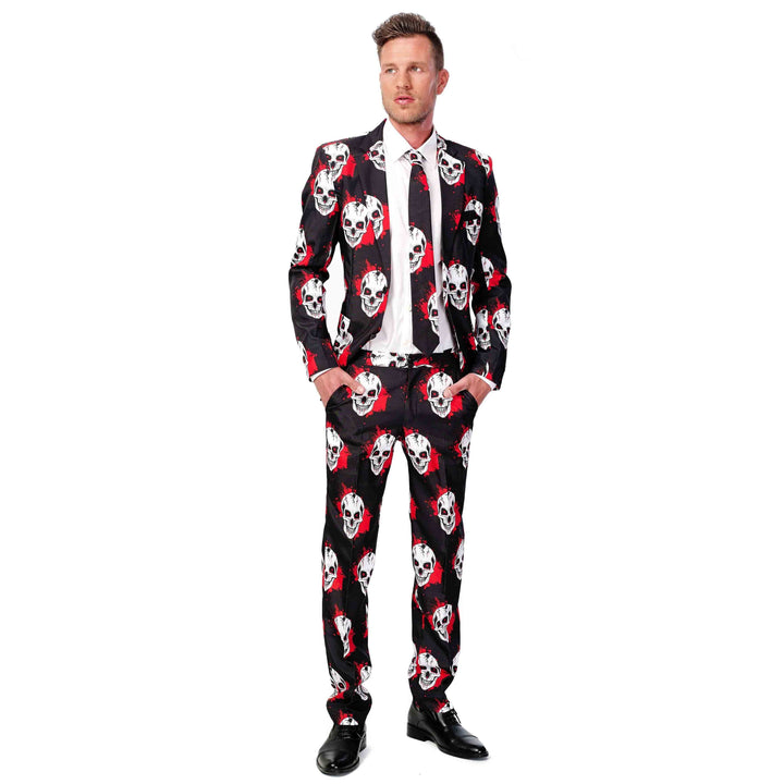 Man wearing black suit with white skull and red blood splatter pattern | Grace Aura