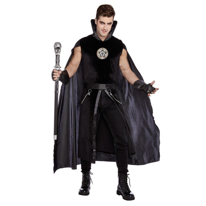 Man wearing black gothic costume with cape, holding prop staff, pentagram tunic | Grace Aura