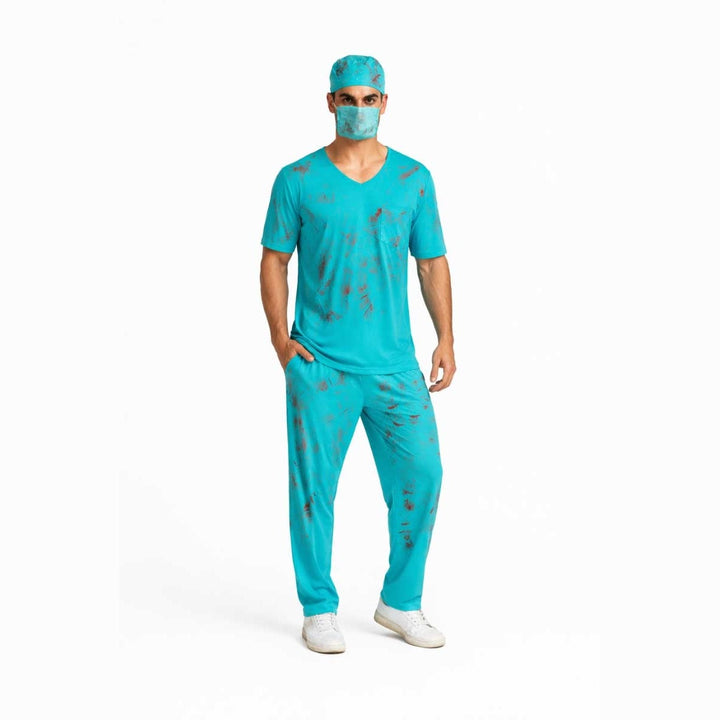 Zombie Surgeon Costume | Bloody Scrubs | Cap | Face Mask