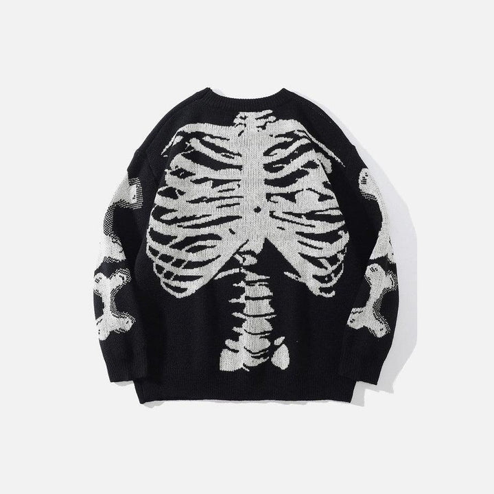 Black knit sweater with white skeleton ribcage and bone print design | Grace Aura