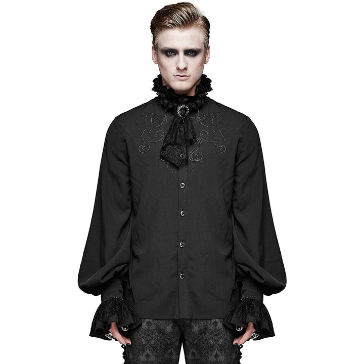 Black gothic shirt with embroidered detail and lace cravat worn by man | Grace Aura