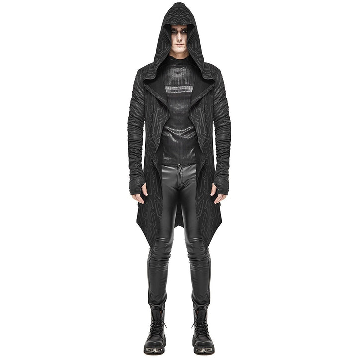Man wearing black hooded long cardigan with textured pattern, open front, worn fully | Grace Aura