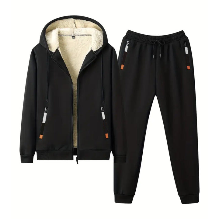 Black fleece-lined zip hoodie and jogger set, flat lay | Grace Aura