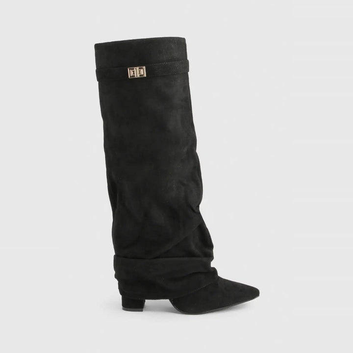 Black slouchy knee boot with fold-over cuff, shown standing alone | Grace Aura