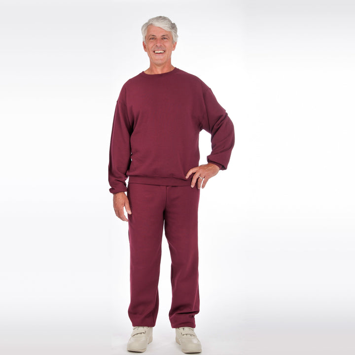 Man wearing burgundy fleece tracksuit crew neck sweatshirt and matching joggers | Grace Aura