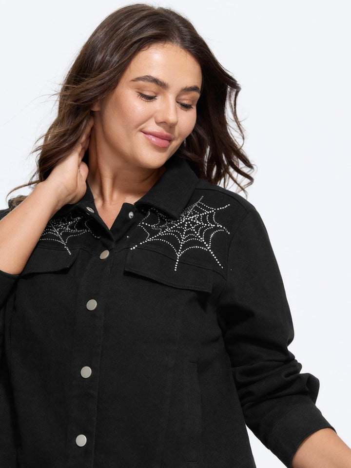 Woman in the black jacket with rhinestone spider webs, close-up
