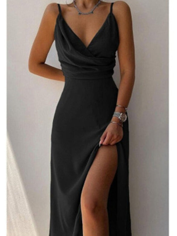 Black satin maxi dress with high slit