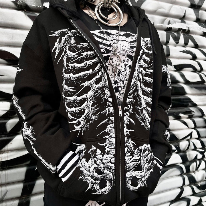 Black skeleton zip hoodie worn open, front view