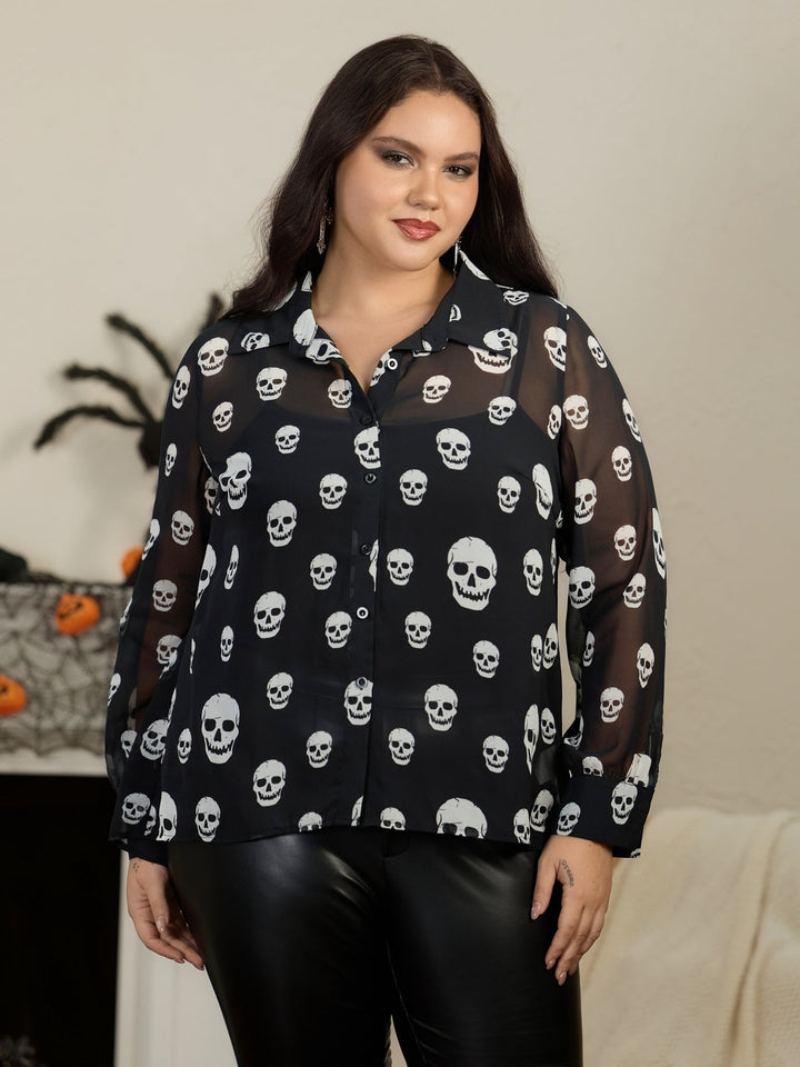 Woman in the sheer skull print blouse at a Halloween party
