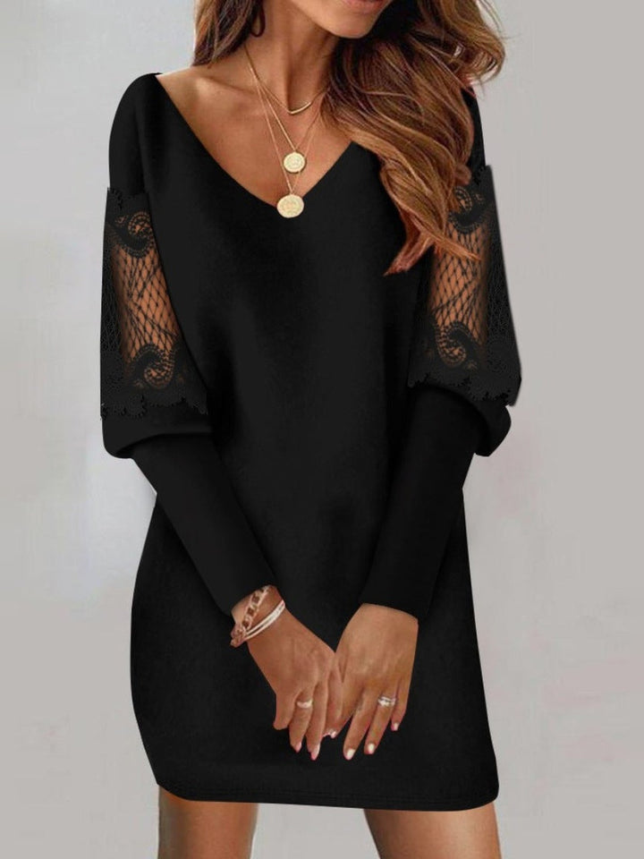 Black mini dress with V-neck and lace sleeves
