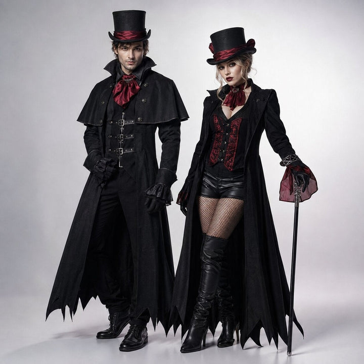 Couple in the matching black and red vampire costumes