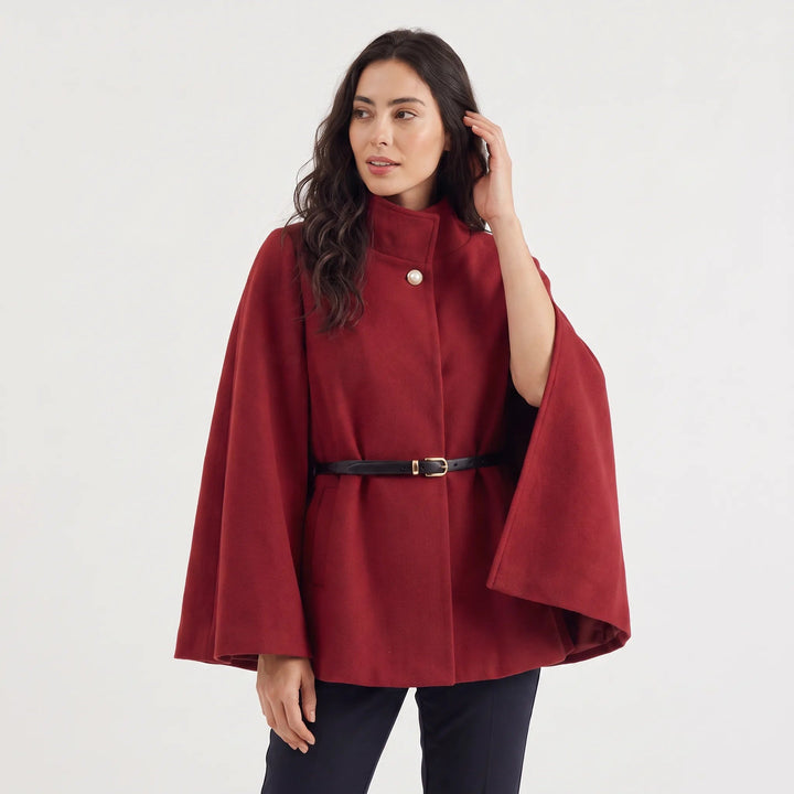 Red belted cape coat with a stand collar, front view